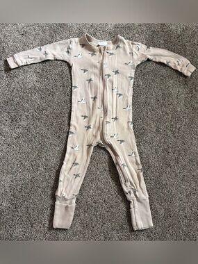 Beige Bird-Print Footed Zip One-Piece